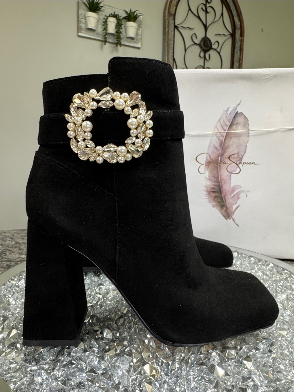 Jessica Simpson Black Suede Ankle Booties with Jeweled Pearl Crystal Buckle NEW